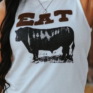 White Sleeveless Top with Cow Print